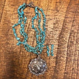 Cross pendant turquoise rock necklace and earrings